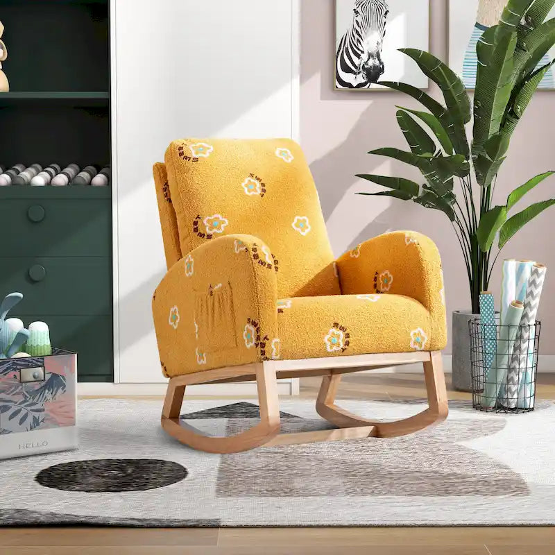 Fauteuil à bascule haut de gamme en tissu bouclette moutarde / vert / beige / bleu, 1 place, avec poche latérale