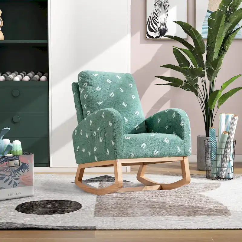 Fauteuil à bascule haut de gamme en tissu bouclette moutarde / vert / beige / bleu, 1 place, avec poche latérale