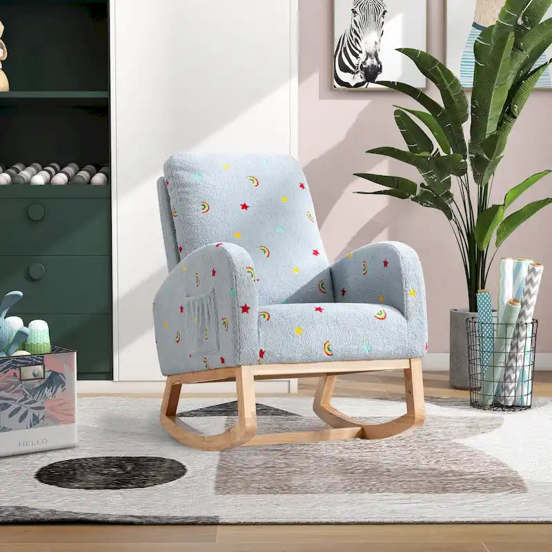 Fauteuil à bascule haut de gamme en tissu bouclette moutarde / vert / beige / bleu, 1 place, avec poche latérale
