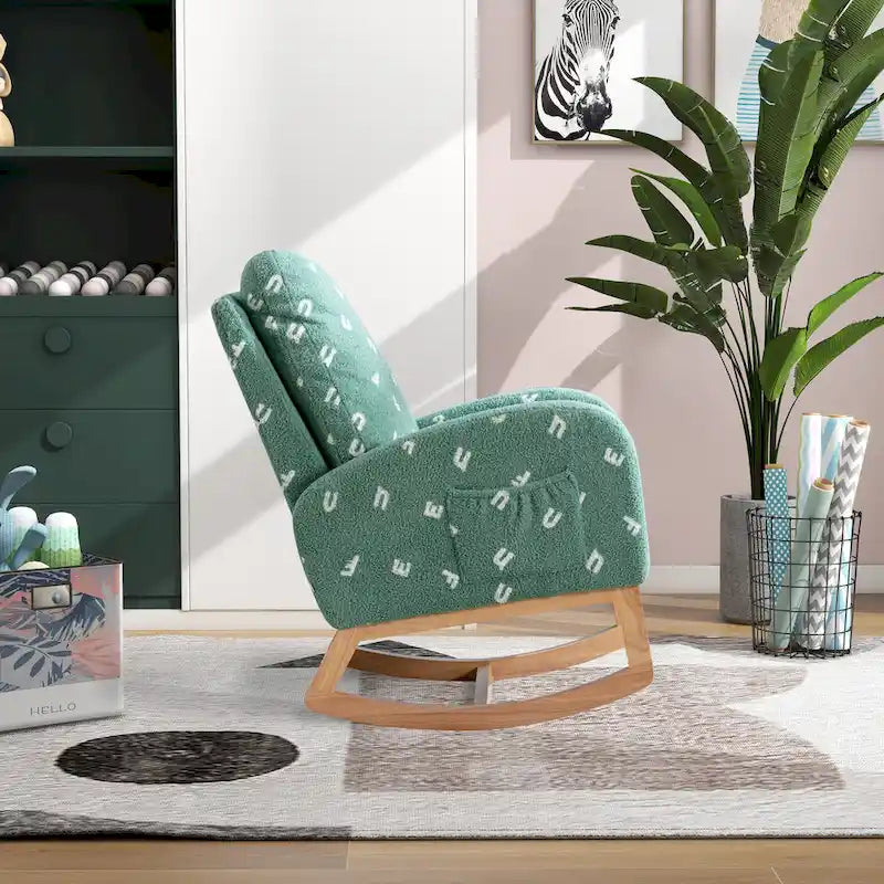 Fauteuil à bascule haut de gamme en tissu bouclette moutarde / vert / beige / bleu, 1 place, avec poche latérale