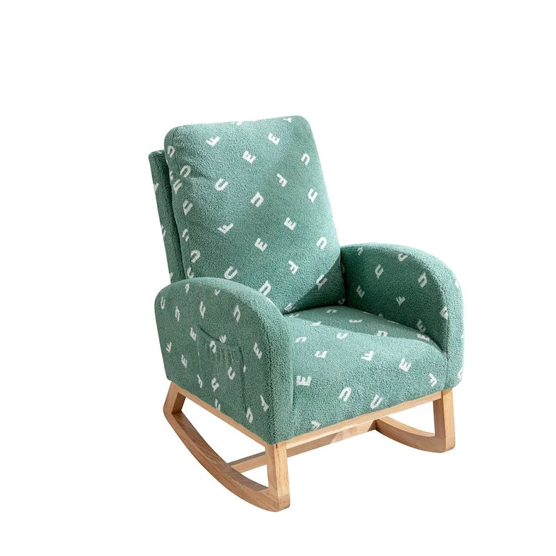 Fauteuil à bascule haut de gamme en tissu bouclette moutarde / vert / beige / bleu, 1 place, avec poche latérale