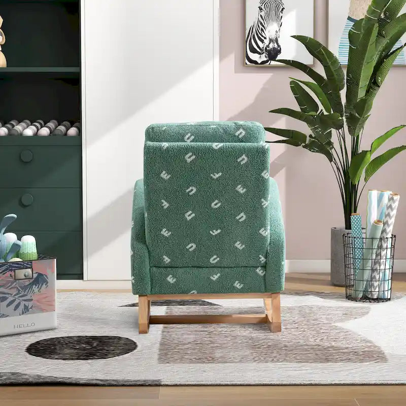 Fauteuil à bascule haut de gamme en tissu bouclette moutarde / vert / beige / bleu, 1 place, avec poche latérale
