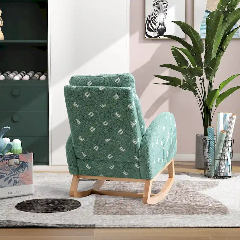 Fauteuil à bascule haut de gamme en tissu bouclette moutarde / vert / beige / bleu, 1 place, avec poche latérale