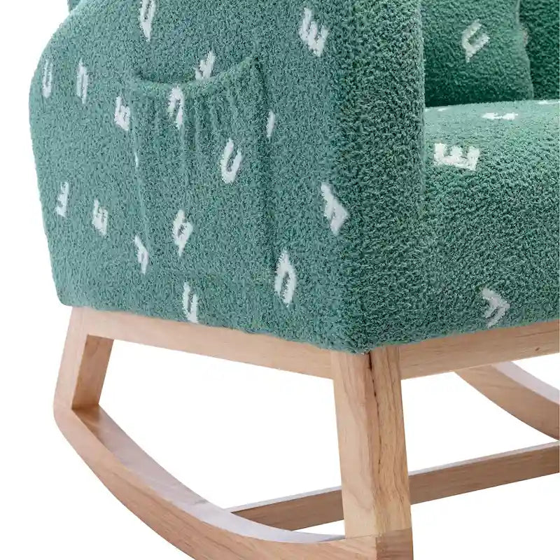 Fauteuil à bascule haut de gamme en tissu bouclette moutarde / vert / beige / bleu, 1 place, avec poche latérale