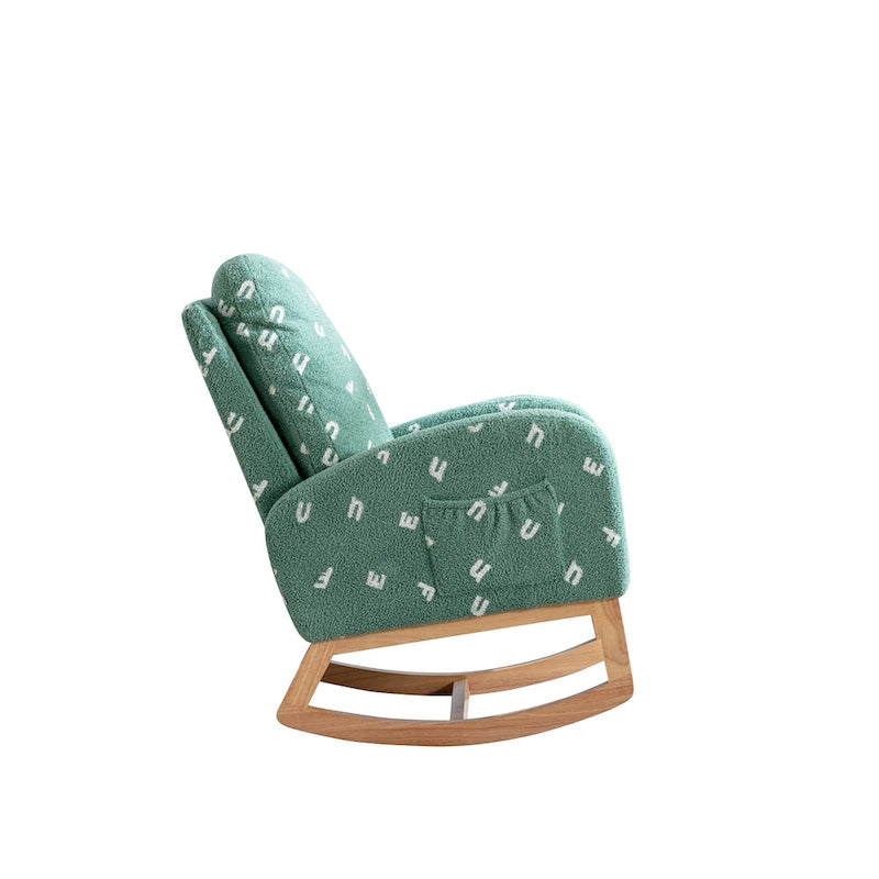 Fauteuil à bascule haut de gamme en tissu bouclette moutarde / vert / beige / bleu, 1 place, avec poche latérale