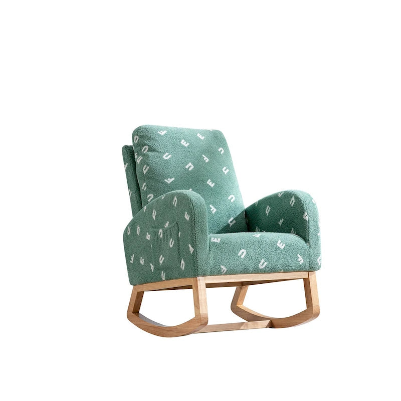 Fauteuil à bascule haut de gamme en tissu bouclette moutarde / vert / beige / bleu, 1 place, avec poche latérale