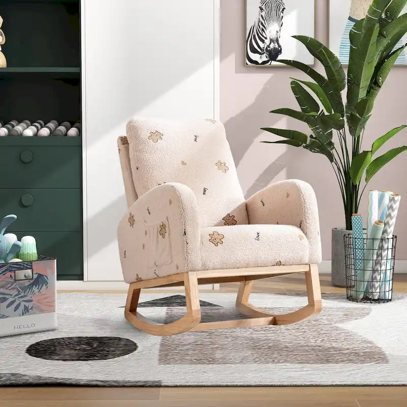 Fauteuil à bascule haut de gamme en tissu bouclette moutarde / vert / beige / bleu, 1 place, avec poche latérale