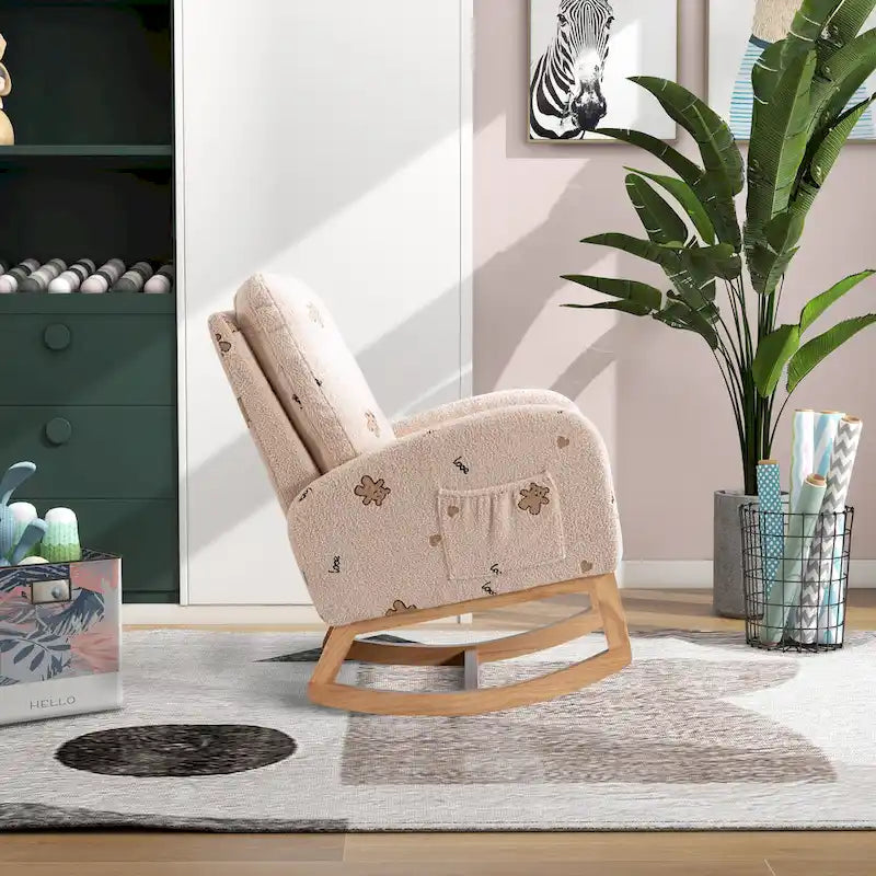 Fauteuil à bascule haut de gamme en tissu bouclette moutarde / vert / beige / bleu, 1 place, avec poche latérale