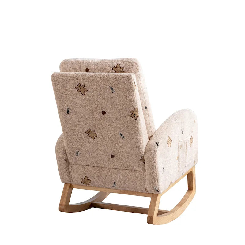 Fauteuil à bascule haut de gamme en tissu bouclette moutarde / vert / beige / bleu, 1 place, avec poche latérale