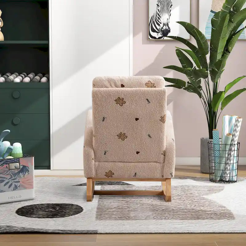 Fauteuil à bascule haut de gamme en tissu bouclette moutarde / vert / beige / bleu, 1 place, avec poche latérale