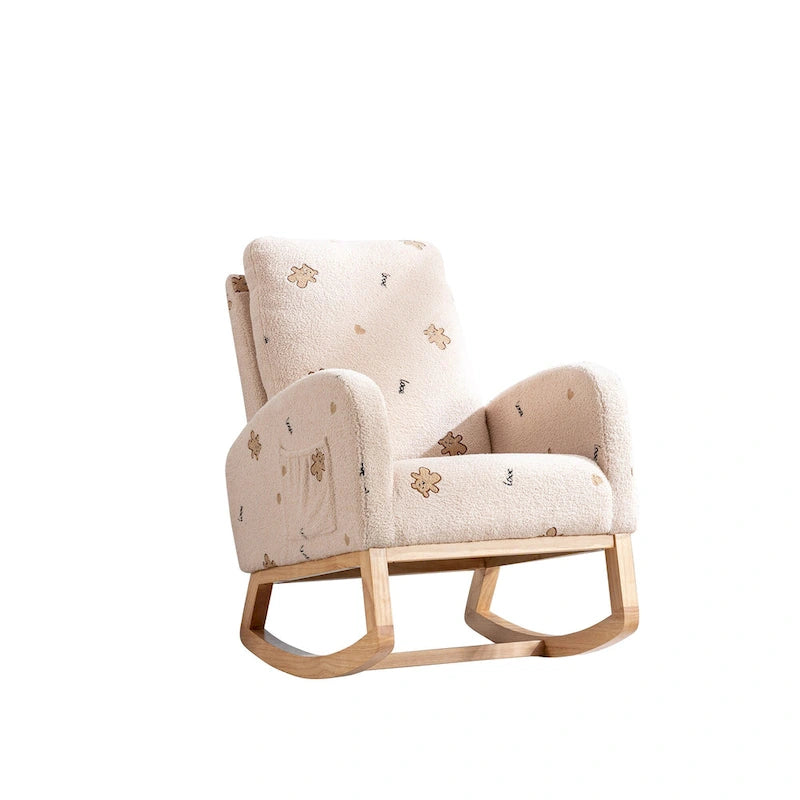 Fauteuil à bascule haut de gamme en tissu bouclette moutarde / vert / beige / bleu, 1 place, avec poche latérale