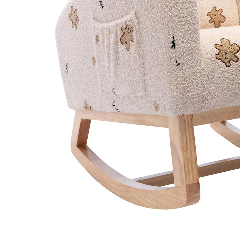Fauteuil à bascule haut de gamme en tissu bouclette moutarde / vert / beige / bleu, 1 place, avec poche latérale
