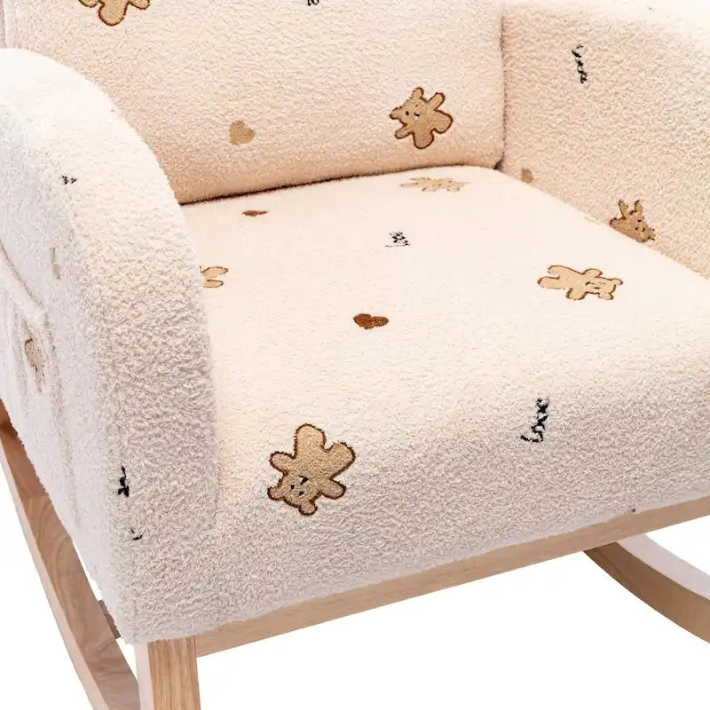 Fauteuil à bascule haut de gamme en tissu bouclette moutarde / vert / beige / bleu, 1 place, avec poche latérale