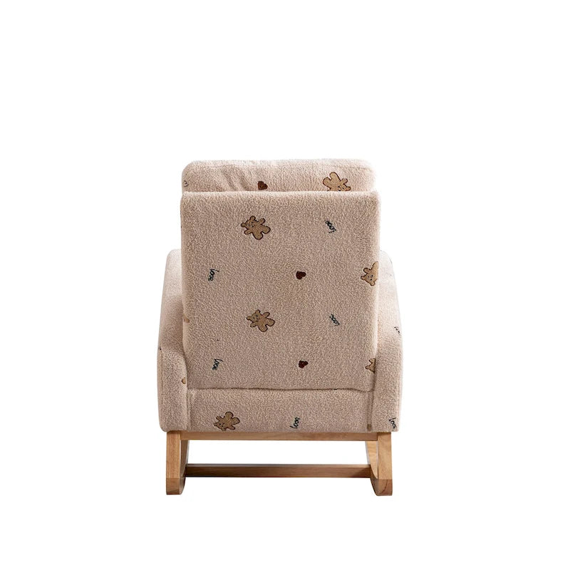 Fauteuil à bascule haut de gamme en tissu bouclette moutarde / vert / beige / bleu, 1 place, avec poche latérale