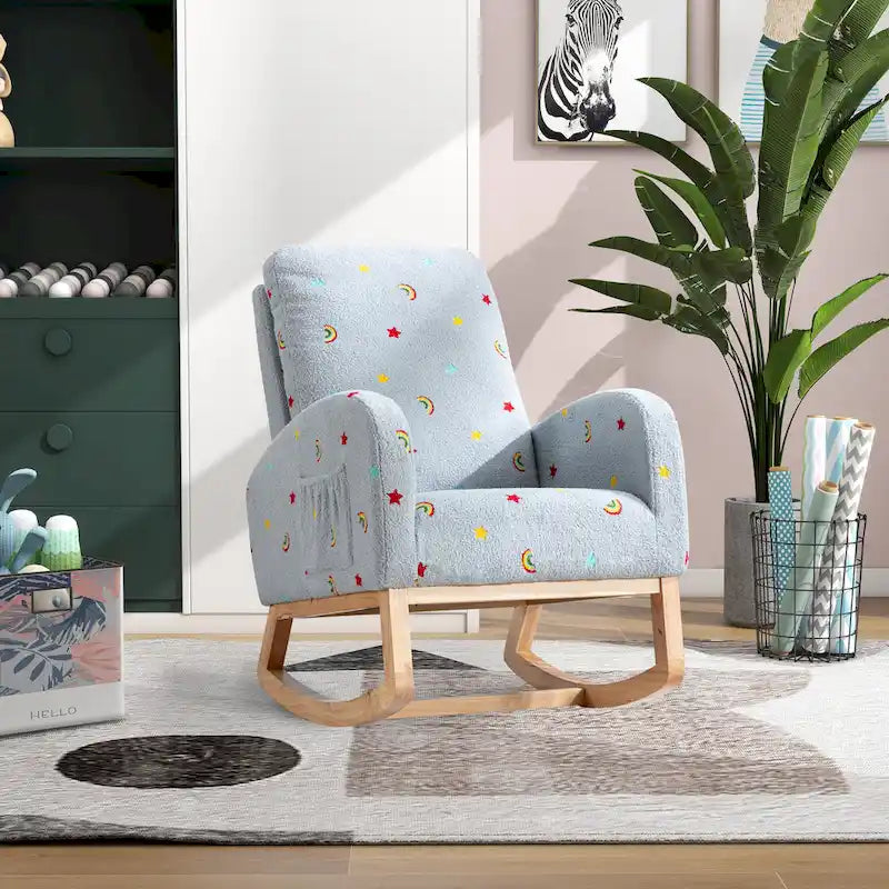 Fauteuil à bascule haut de gamme en tissu bouclette moutarde / vert / beige / bleu, 1 place, avec poche latérale