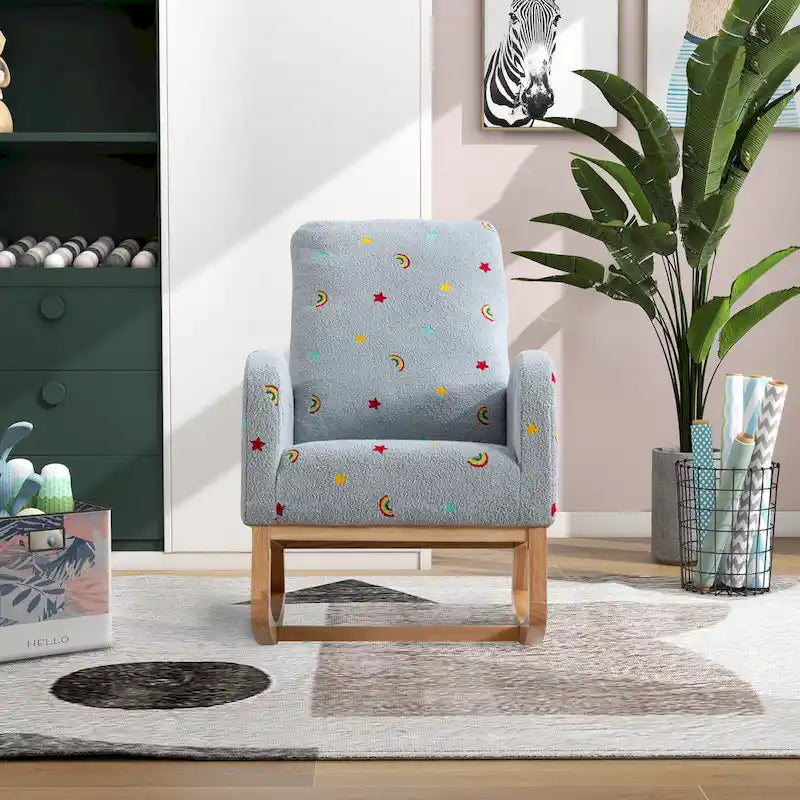 Fauteuil à bascule haut de gamme en tissu bouclette moutarde / vert / beige / bleu, 1 place, avec poche latérale