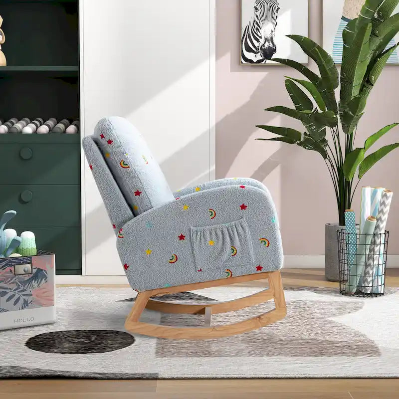 Fauteuil à bascule haut de gamme en tissu bouclette moutarde / vert / beige / bleu, 1 place, avec poche latérale