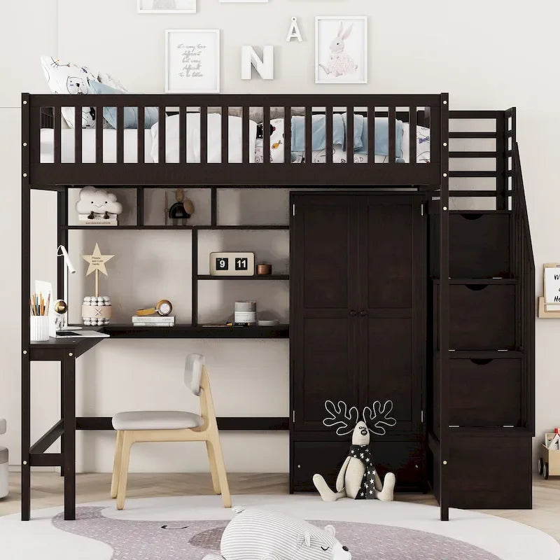 Lit mezzanine en bois pleine grandeur noir / gris / blanc avec bureau, étagère et armoire – 1 personne