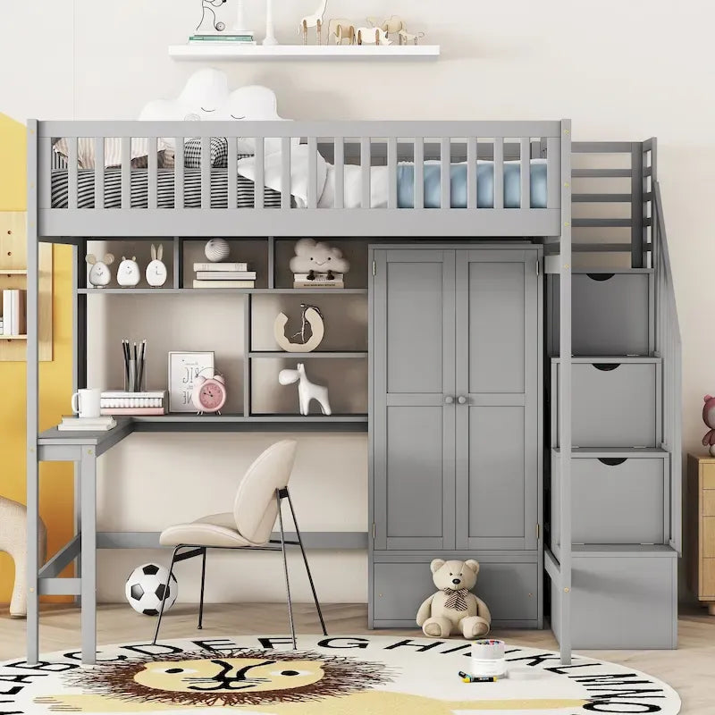 Lit mezzanine en bois pleine grandeur noir / gris / blanc avec bureau, étagère et armoire – 1 personne