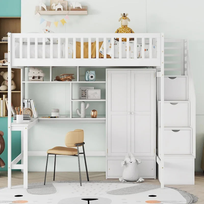 Lit mezzanine en bois pleine grandeur noir / gris / blanc avec bureau, étagère et armoire – 1 personne