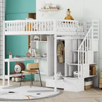 Lit mezzanine en bois pleine grandeur noir / gris / blanc avec bureau, étagère et armoire – 1 personne