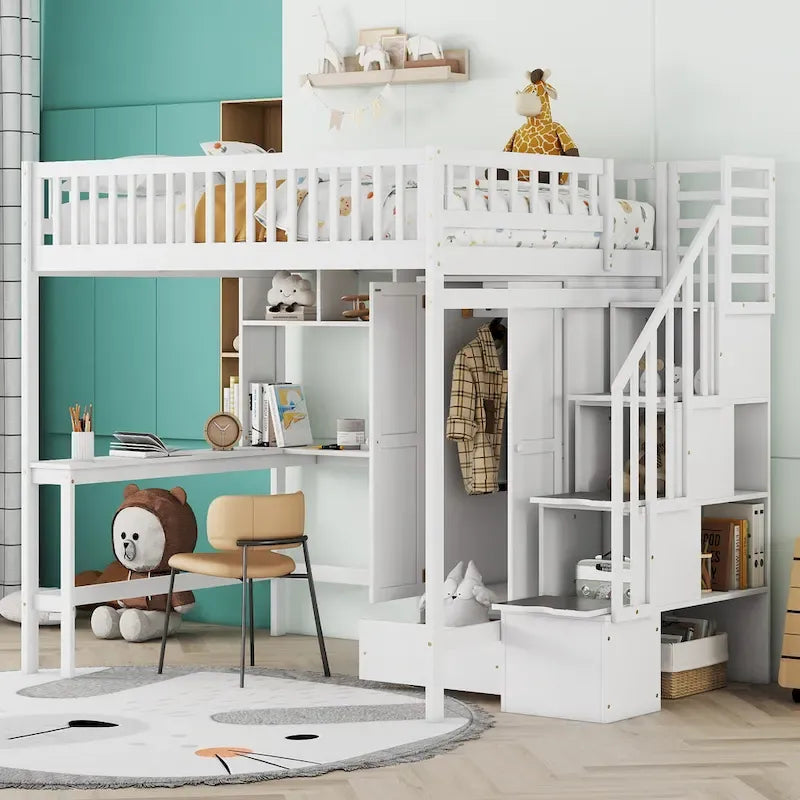 Lit mezzanine en bois pleine grandeur noir / gris / blanc avec bureau, étagère et armoire – 1 personne