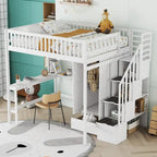Lit mezzanine en bois pleine grandeur noir / gris / blanc avec bureau, étagère et armoire – 1 personne