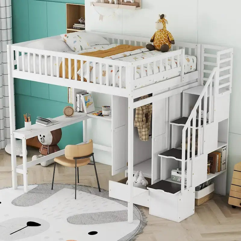 Lit mezzanine en bois pleine grandeur noir / gris / blanc avec bureau, étagère et armoire – 1 personne