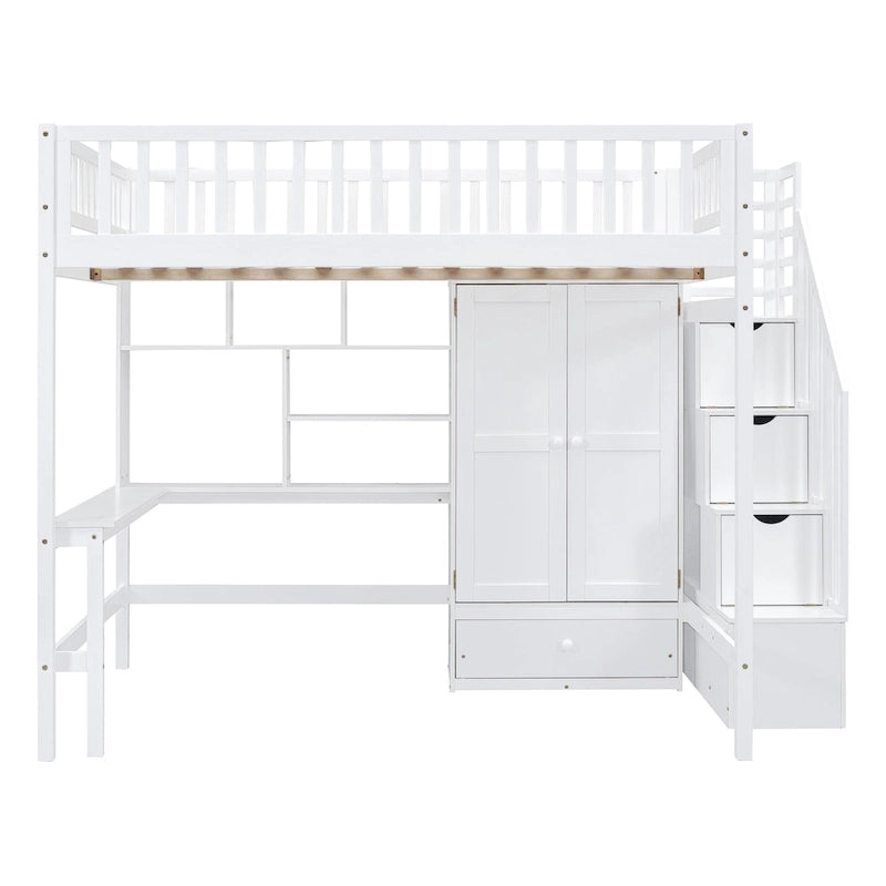 Lit mezzanine en bois pleine grandeur noir / gris / blanc avec bureau, étagère et armoire – 1 personne