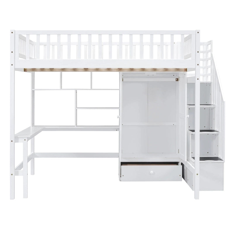 Lit mezzanine en bois pleine grandeur noir / gris / blanc avec bureau, étagère et armoire – 1 personne