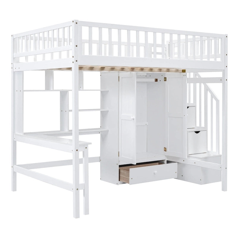Lit mezzanine en bois pleine grandeur noir / gris / blanc avec bureau, étagère et armoire – 1 personne