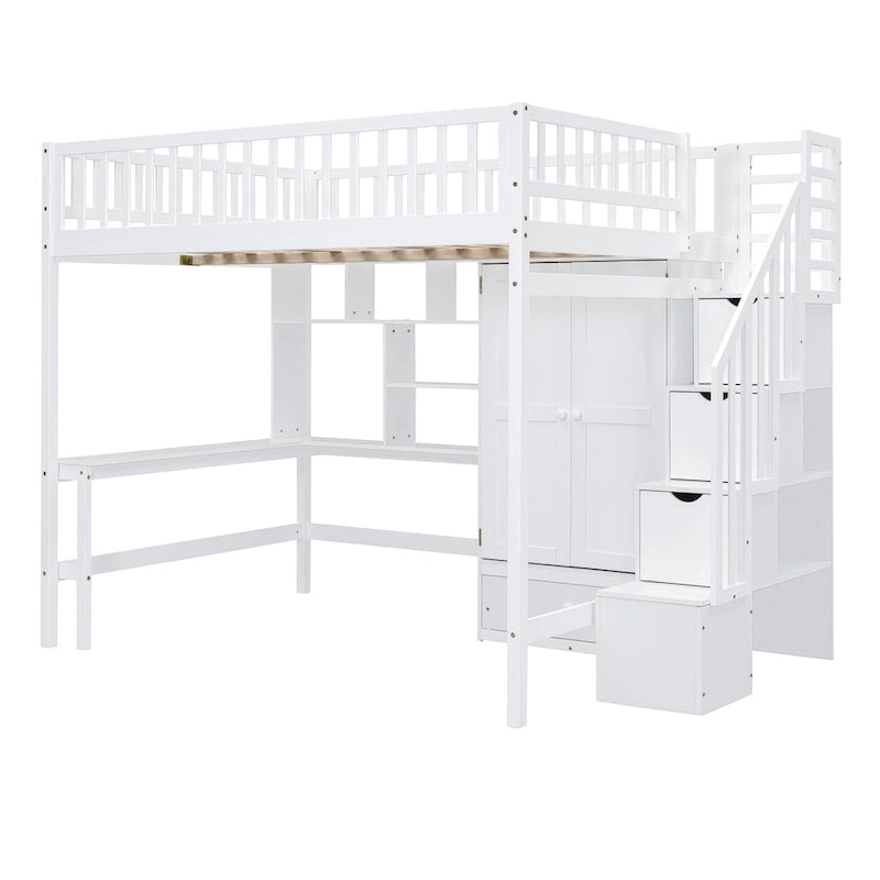 Lit mezzanine en bois pleine grandeur noir / gris / blanc avec bureau, étagère et armoire – 1 personne