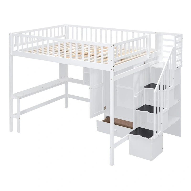 Lit mezzanine en bois pleine grandeur noir / gris / blanc avec bureau, étagère et armoire – 1 personne