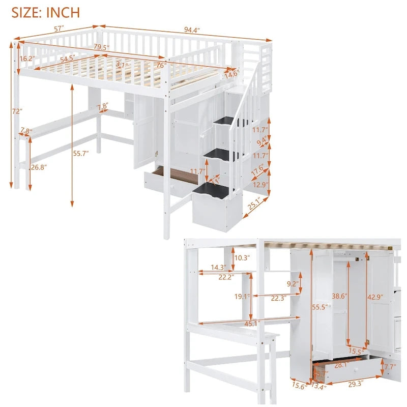 Lit mezzanine en bois pleine grandeur noir / gris / blanc avec bureau, étagère et armoire – 1 personne