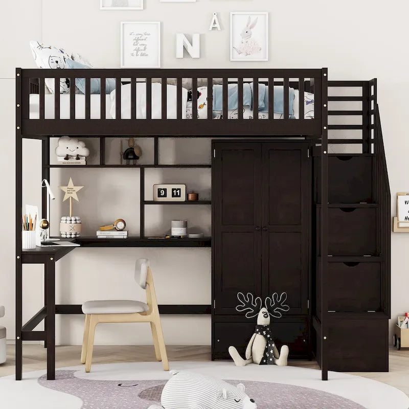 Lit mezzanine en bois pleine grandeur noir / gris / blanc avec bureau, étagère et armoire – 1 personne