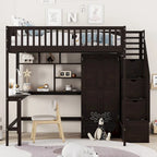 Lit mezzanine en bois pleine grandeur noir / gris / blanc avec bureau, étagère et armoire – 1 personne