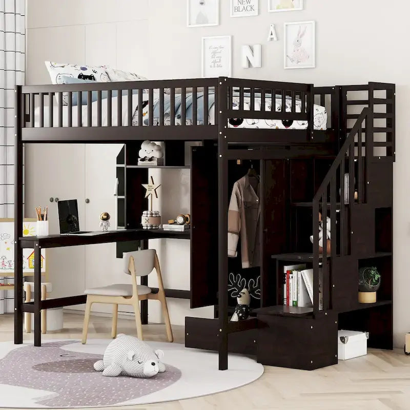 Lit mezzanine en bois pleine grandeur noir / gris / blanc avec bureau, étagère et armoire – 1 personne