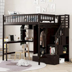 Lit mezzanine en bois pleine grandeur noir / gris / blanc avec bureau, étagère et armoire – 1 personne