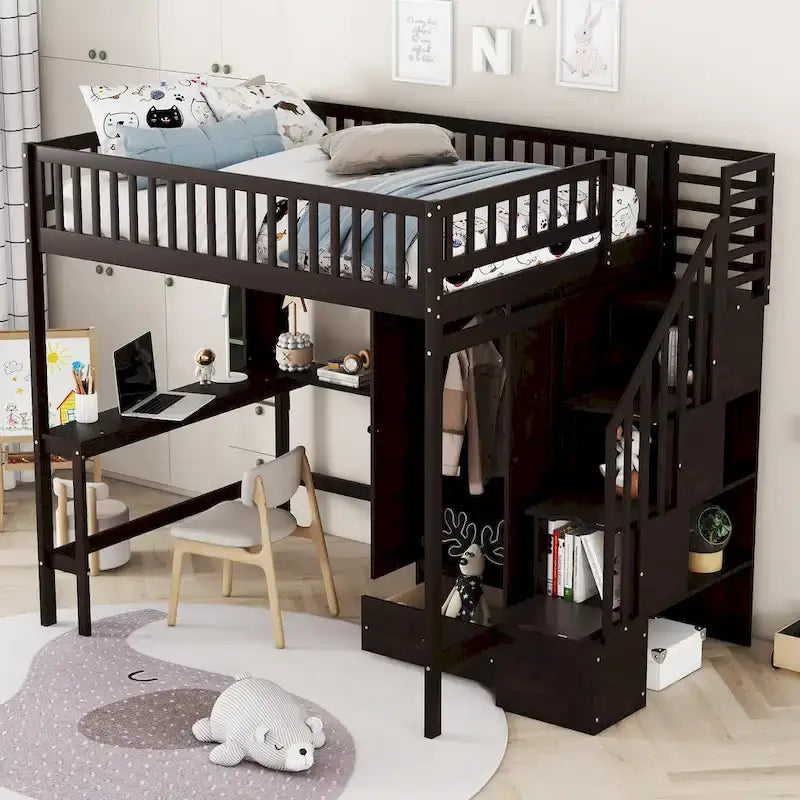 Lit mezzanine en bois pleine grandeur noir / gris / blanc avec bureau, étagère et armoire – 1 personne