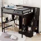 Lit mezzanine en bois pleine grandeur noir / gris / blanc avec bureau, étagère et armoire – 1 personne