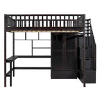 Lit mezzanine en bois pleine grandeur noir / gris / blanc avec bureau, étagère et armoire – 1 personne