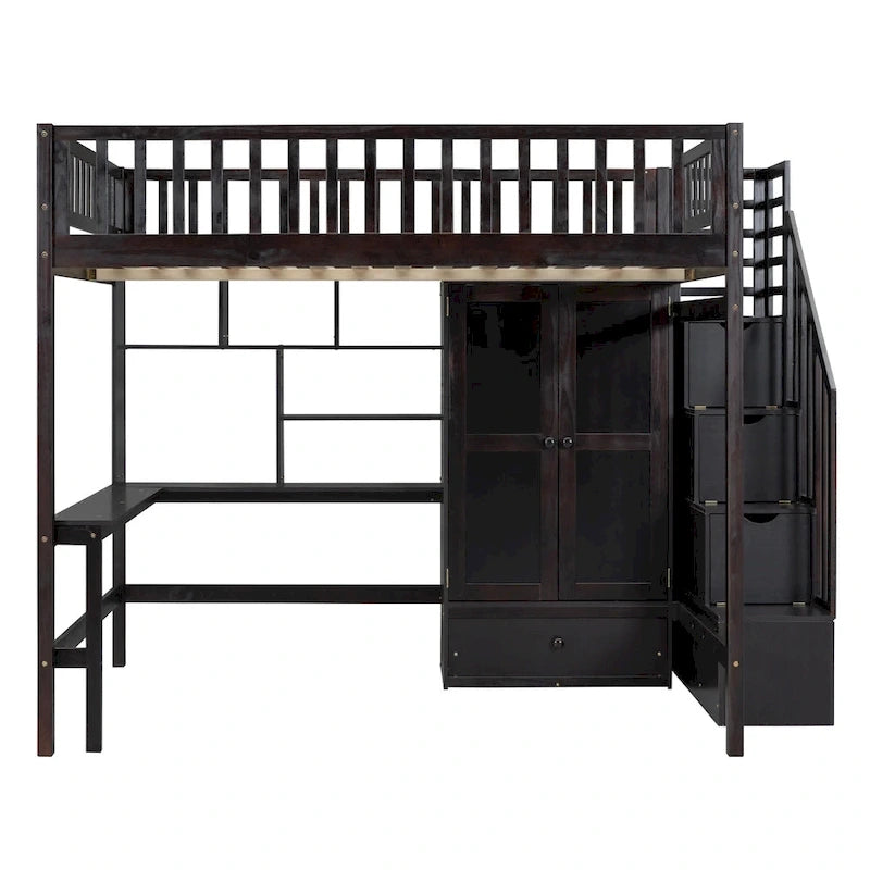 Lit mezzanine en bois pleine grandeur noir / gris / blanc avec bureau, étagère et armoire – 1 personne