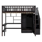 Lit mezzanine en bois pleine grandeur noir / gris / blanc avec bureau, étagère et armoire – 1 personne