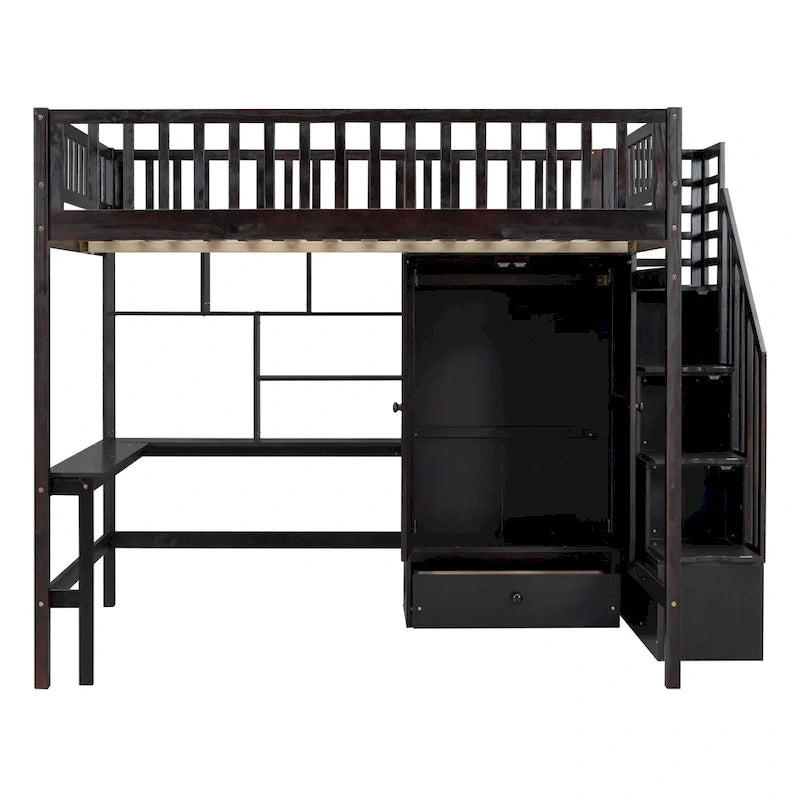 Lit mezzanine en bois pleine grandeur noir / gris / blanc avec bureau, étagère et armoire – 1 personne