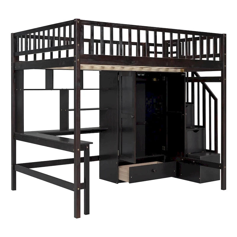 Lit mezzanine en bois pleine grandeur noir / gris / blanc avec bureau, étagère et armoire – 1 personne