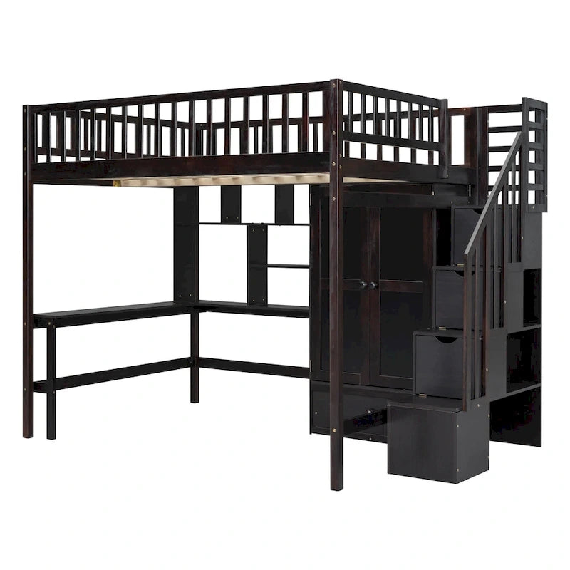 Lit mezzanine en bois pleine grandeur noir / gris / blanc avec bureau, étagère et armoire – 1 personne