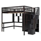 Lit mezzanine en bois pleine grandeur noir / gris / blanc avec bureau, étagère et armoire – 1 personne