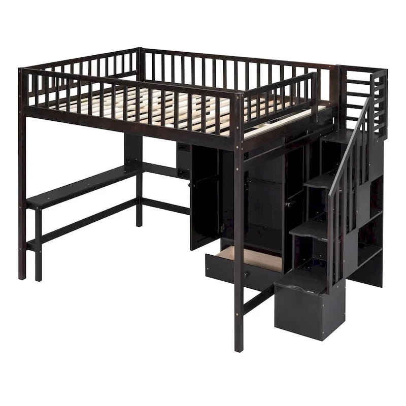 Lit mezzanine en bois pleine grandeur noir / gris / blanc avec bureau, étagère et armoire – 1 personne