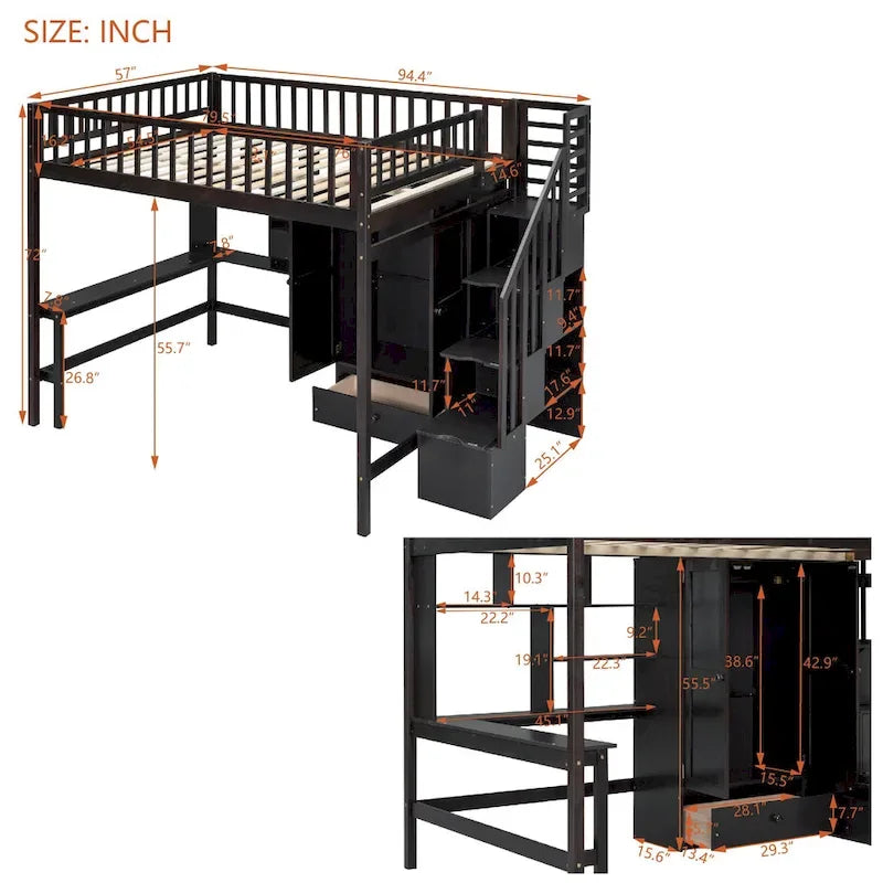Lit mezzanine en bois pleine grandeur noir / gris / blanc avec bureau, étagère et armoire – 1 personne