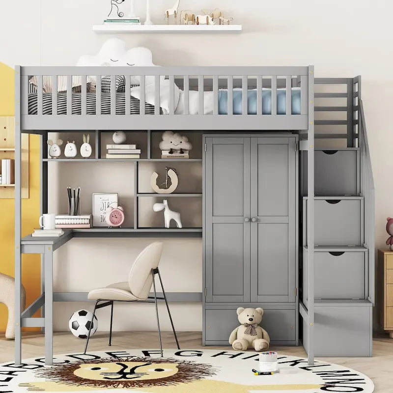 Lit mezzanine en bois pleine grandeur noir / gris / blanc avec bureau, étagère et armoire – 1 personne